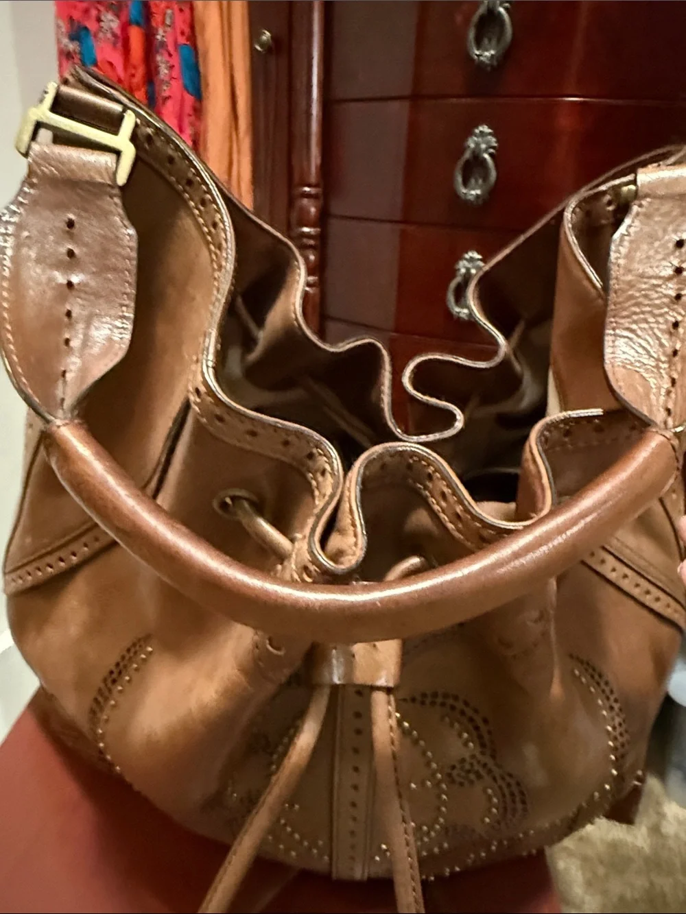 Cole Haan Brown Leather Drawstring Hobo Bag Studded Detailing